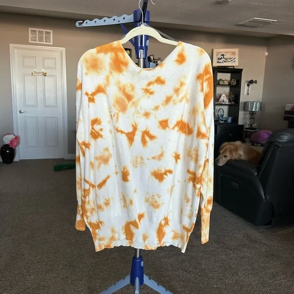 Kori America NWT tie dyed yellow/white v-neck cotton sweater size XL - Picture 2 of 8